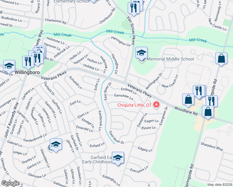map of restaurants, bars, coffee shops, grocery stores, and more near 94 Earnshaw Lane in Willingboro
