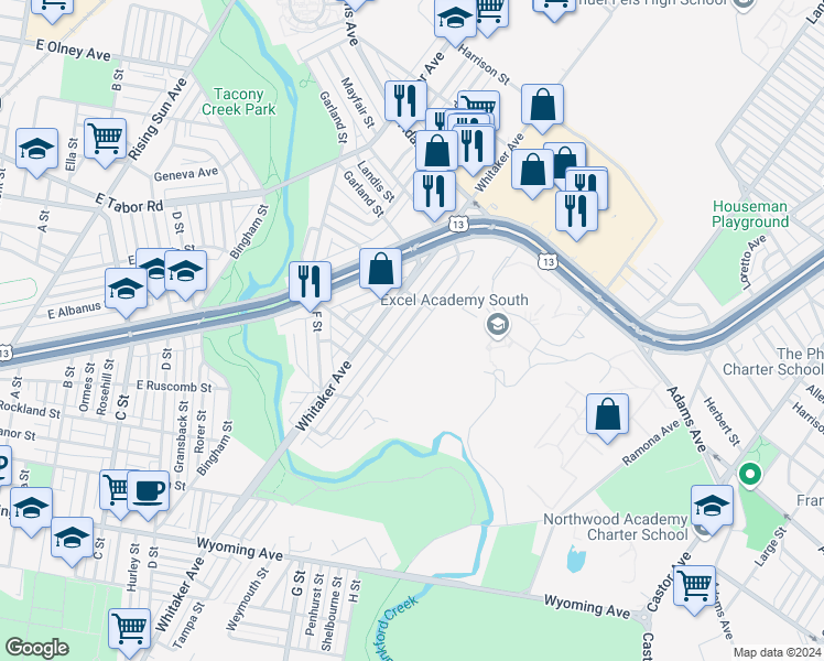 map of restaurants, bars, coffee shops, grocery stores, and more near 5145 Pennway Street in Philadelphia