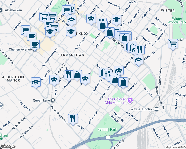 map of restaurants, bars, coffee shops, grocery stores, and more near 5138 Wayne Avenue in Philadelphia