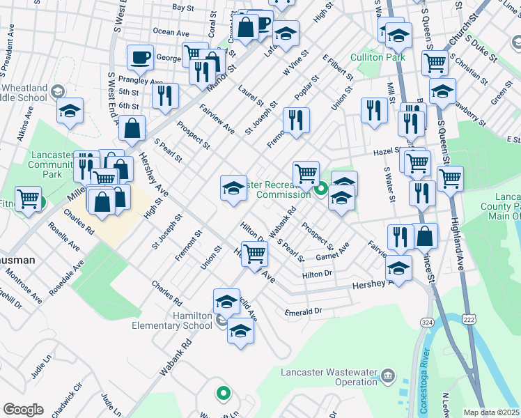 map of restaurants, bars, coffee shops, grocery stores, and more near 426 Prospect Street in Lancaster