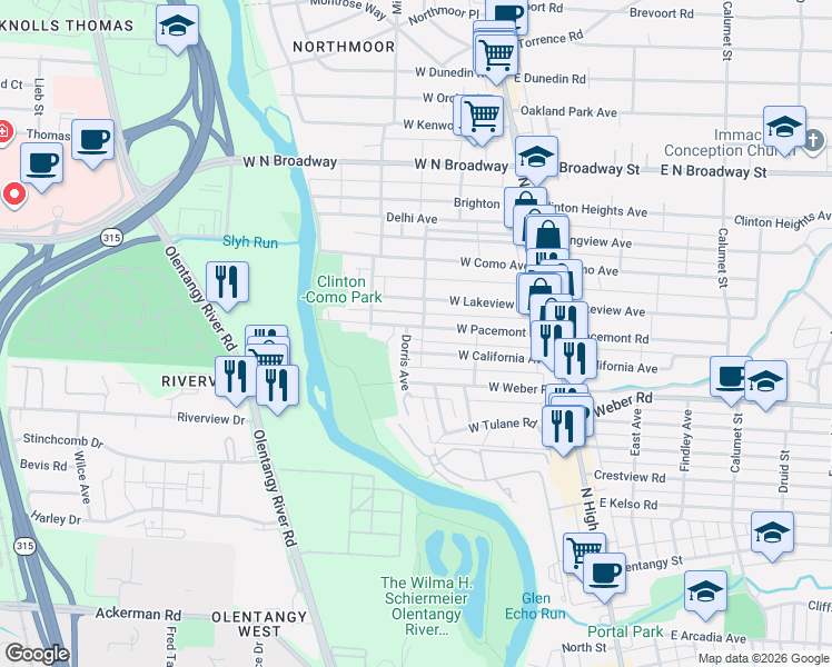 map of restaurants, bars, coffee shops, grocery stores, and more near 3159 Dorris Avenue in Columbus