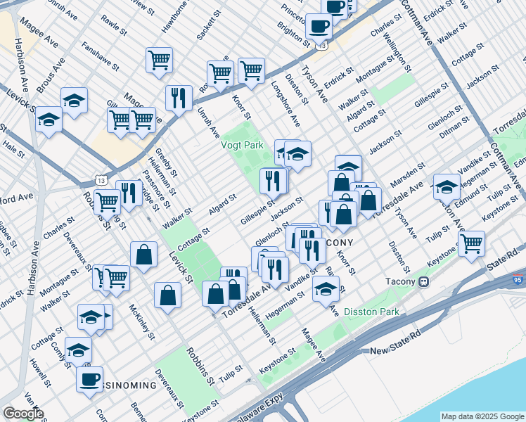 map of restaurants, bars, coffee shops, grocery stores, and more near 4416 Unruh Avenue in Philadelphia