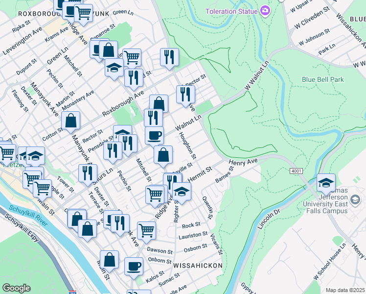 map of restaurants, bars, coffee shops, grocery stores, and more near 5606 Houghton Street in Philadelphia