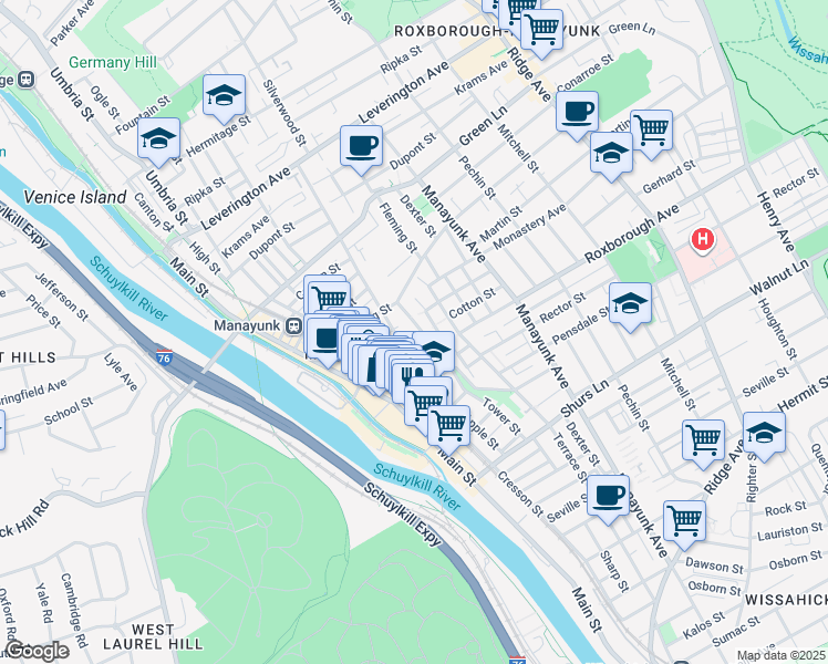 map of restaurants, bars, coffee shops, grocery stores, and more near 170 Cotton Street in Philadelphia