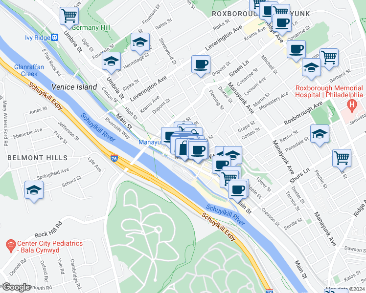 map of restaurants, bars, coffee shops, grocery stores, and more near 4371 Cresson Street in Philadelphia