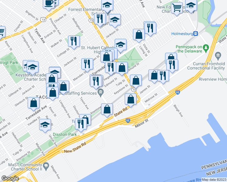map of restaurants, bars, coffee shops, grocery stores, and more near 7142 Keystone Street in Philadelphia