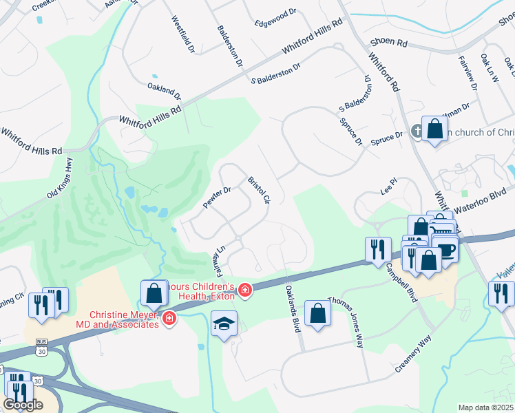 map of restaurants, bars, coffee shops, grocery stores, and more near 526 East Saxony Drive in Exton