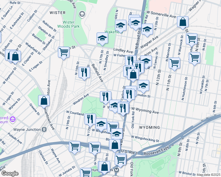 map of restaurants, bars, coffee shops, grocery stores, and more near 1531 West Loudon Street in Philadelphia