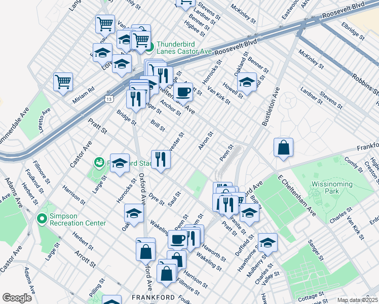 map of restaurants, bars, coffee shops, grocery stores, and more near 5323 Oakland Street in Philadelphia