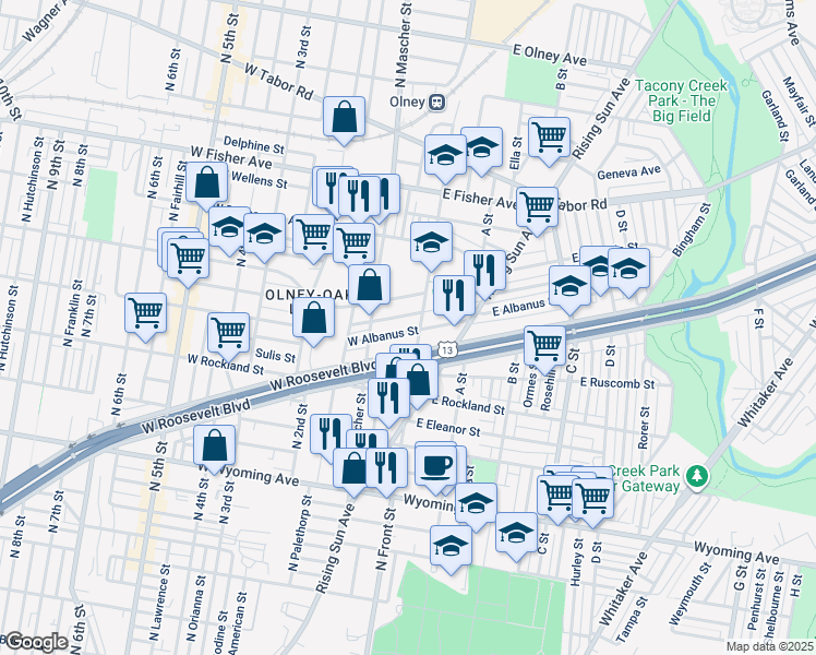 map of restaurants, bars, coffee shops, grocery stores, and more near 111 West Albanus Street in Philadelphia