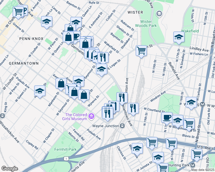 map of restaurants, bars, coffee shops, grocery stores, and more near 35 West Wyneva Street in Philadelphia