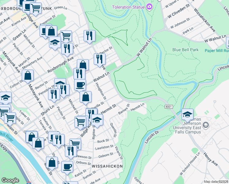 map of restaurants, bars, coffee shops, grocery stores, and more near 5502 Henry Avenue in Philadelphia