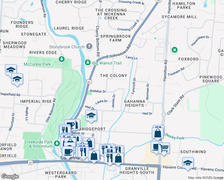 map of restaurants, bars, coffee shops, grocery stores, and more near 203 Andalus Drive in Gahanna