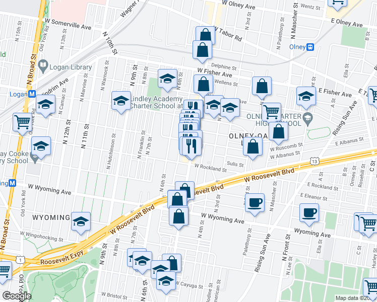 map of restaurants, bars, coffee shops, grocery stores, and more near 4928 North 5th Street in Philadelphia