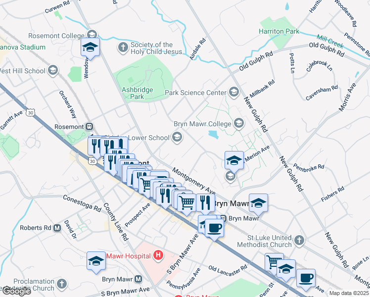 map of restaurants, bars, coffee shops, grocery stores, and more near 122 Kennedy Lane in Bryn Mawr