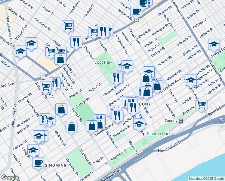 map of restaurants, bars, coffee shops, grocery stores, and more near 4416 Unruh Avenue in Philadelphia