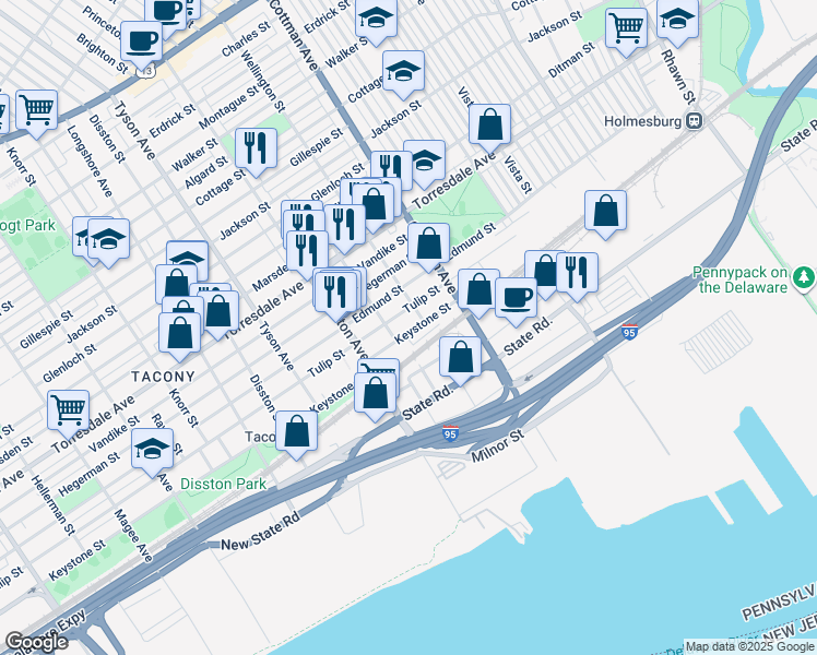 map of restaurants, bars, coffee shops, grocery stores, and more near 7156 Keystone Street in Philadelphia