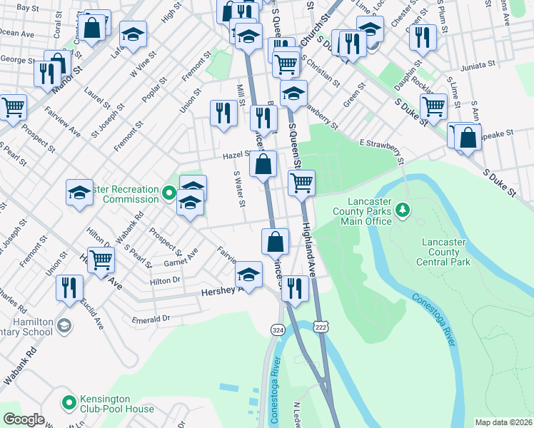 map of restaurants, bars, coffee shops, grocery stores, and more near 122 Seymour St in Lancaster