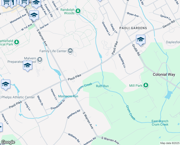 map of restaurants, bars, coffee shops, grocery stores, and more near 218 Paoli Pike in Malvern