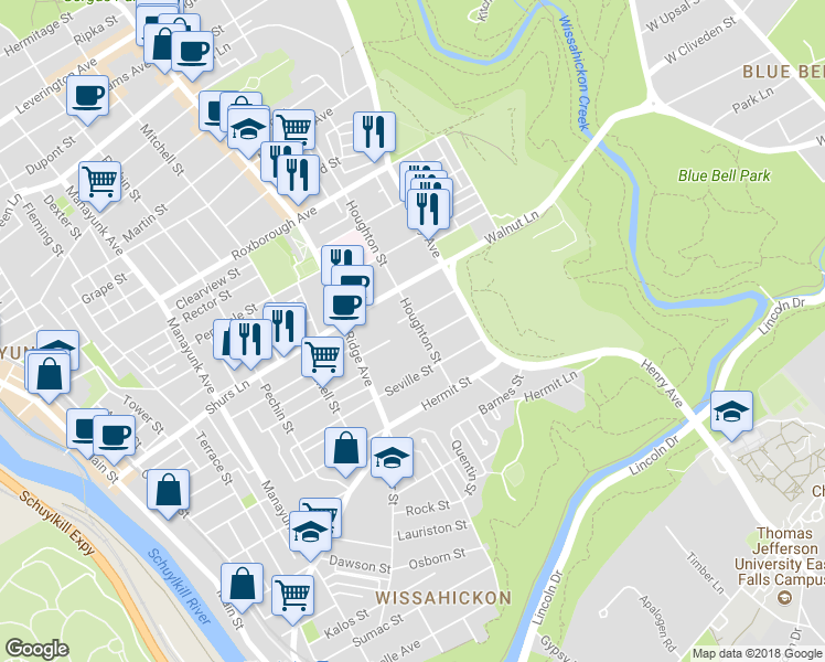 map of restaurants, bars, coffee shops, grocery stores, and more near 5606 Houghton Street in Philadelphia