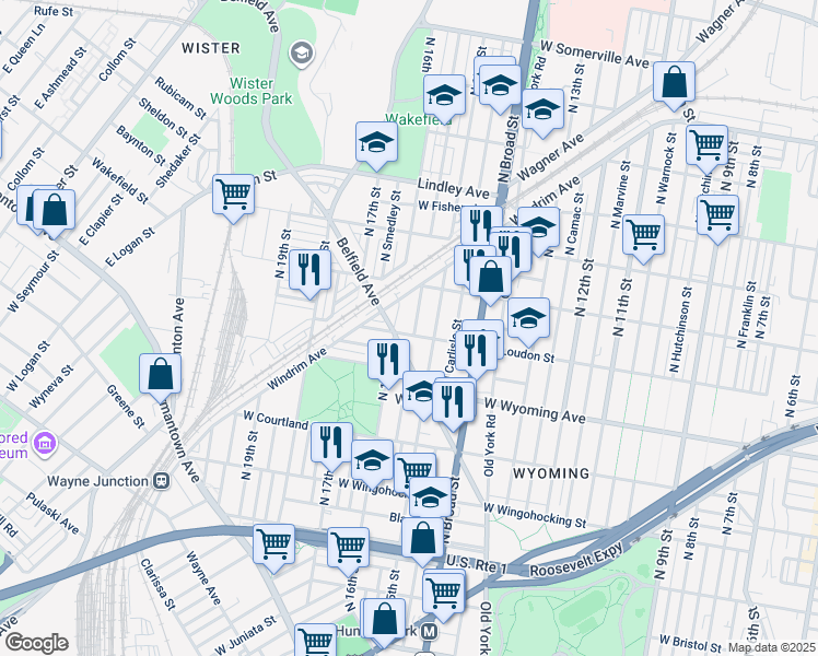 map of restaurants, bars, coffee shops, grocery stores, and more near 1529 West Loudon Street in Philadelphia