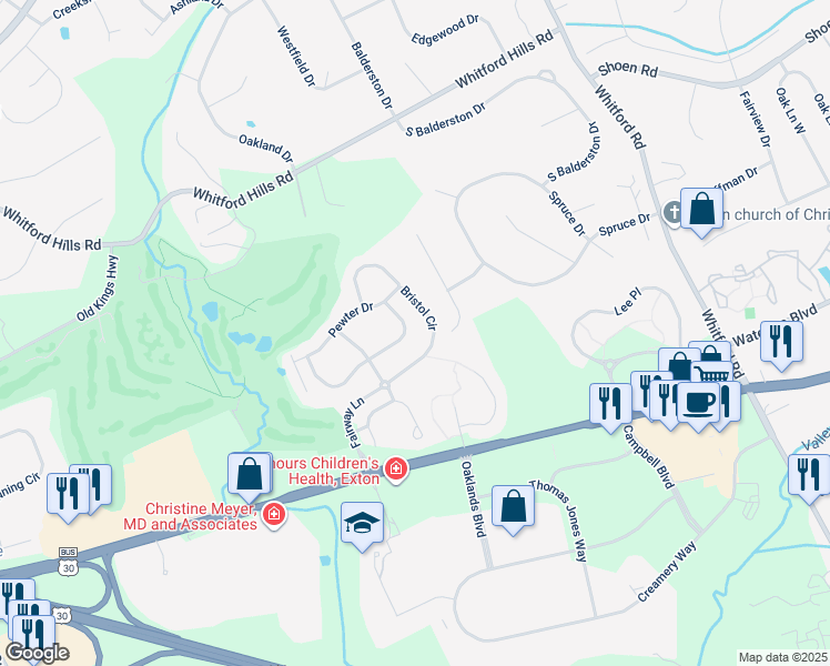 map of restaurants, bars, coffee shops, grocery stores, and more near 526 East Saxony Drive in Exton