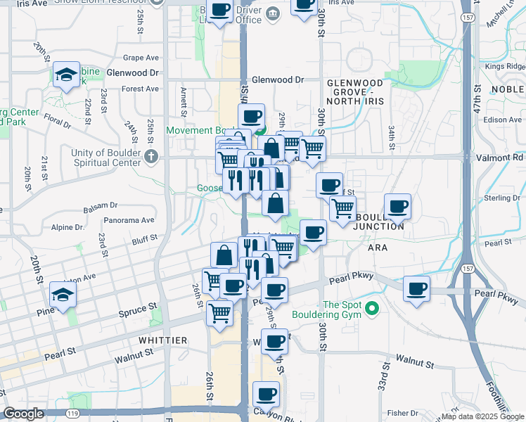 map of restaurants, bars, coffee shops, grocery stores, and more near in Boulder