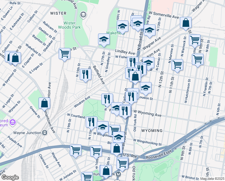 map of restaurants, bars, coffee shops, grocery stores, and more near 1531 West Loudon Street in Philadelphia
