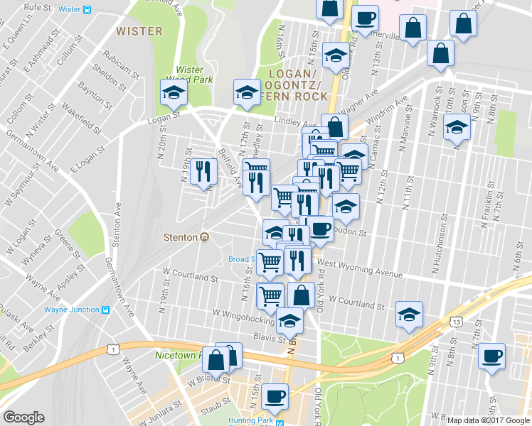 map of restaurants, bars, coffee shops, grocery stores, and more near 1533 West Loudon Street in Philadelphia