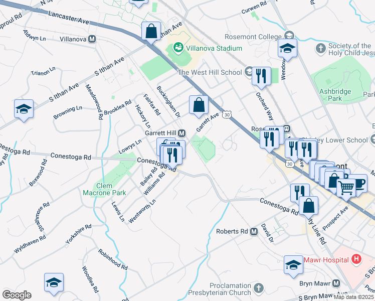 map of restaurants, bars, coffee shops, grocery stores, and more near 915 Conestoga Road in Bryn Mawr