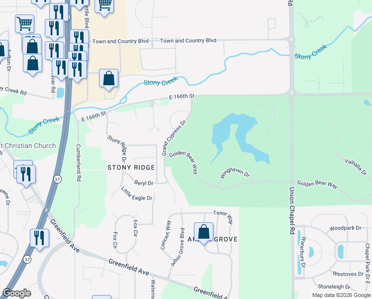 map of restaurants, bars, coffee shops, grocery stores, and more near 10345 Golden Bear Way in Noblesville