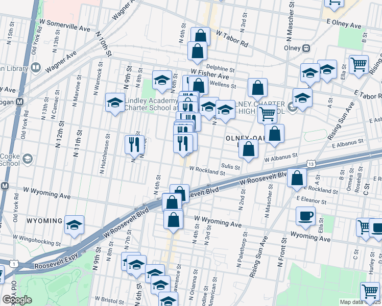 map of restaurants, bars, coffee shops, grocery stores, and more near 4933 North 5th Street in Philadelphia