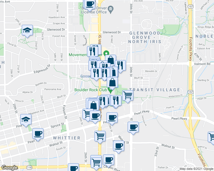map of restaurants, bars, coffee shops, grocery stores, and more near in Boulder