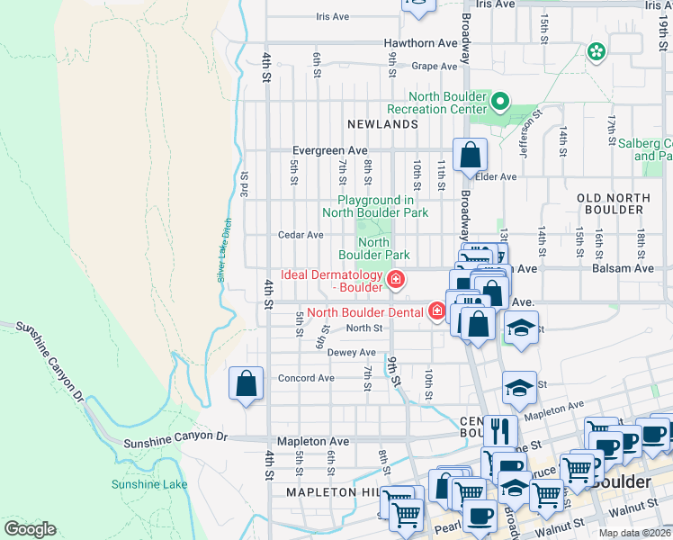 map of restaurants, bars, coffee shops, grocery stores, and more near 2735 7th Street in Boulder