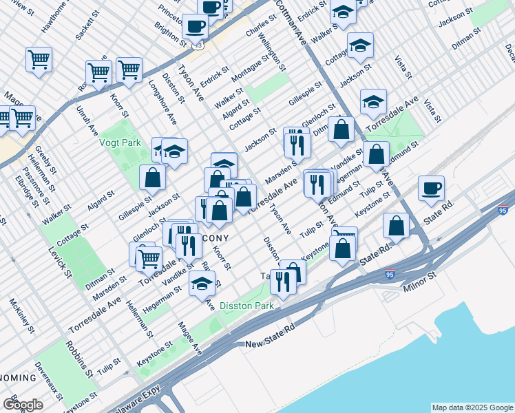 map of restaurants, bars, coffee shops, grocery stores, and more near 4712 Disston Street in Philadelphia