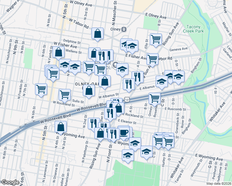 map of restaurants, bars, coffee shops, grocery stores, and more near in Philadelphia