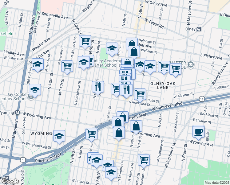 map of restaurants, bars, coffee shops, grocery stores, and more near 4872 North 6th Street in Philadelphia
