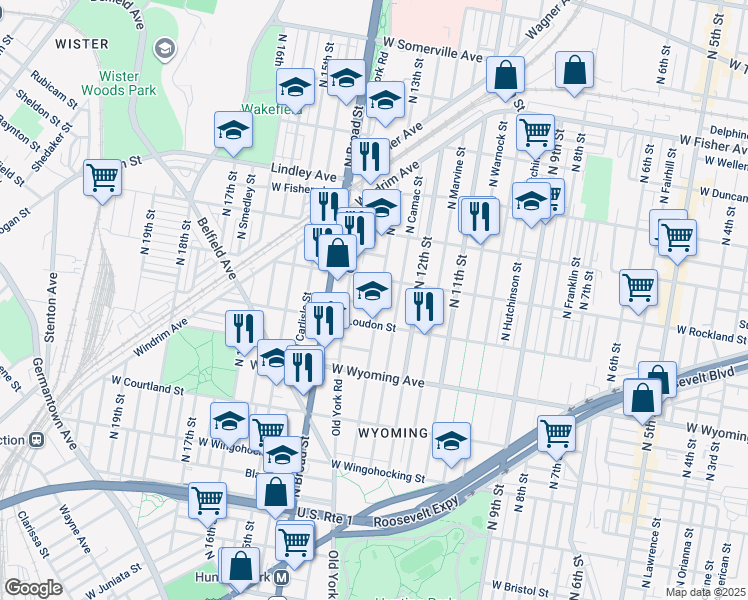 map of restaurants, bars, coffee shops, grocery stores, and more near 4800 North 13th Street in Philadelphia