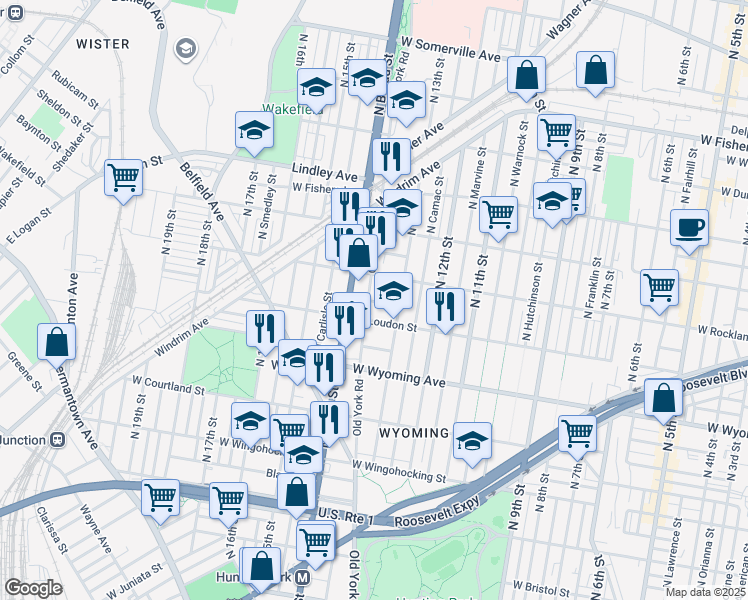 map of restaurants, bars, coffee shops, grocery stores, and more near 4753 North Broad Street in Philadelphia