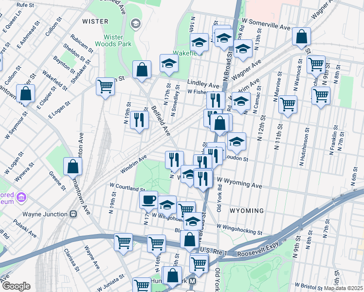 map of restaurants, bars, coffee shops, grocery stores, and more near 1533 West Loudon Street in Philadelphia