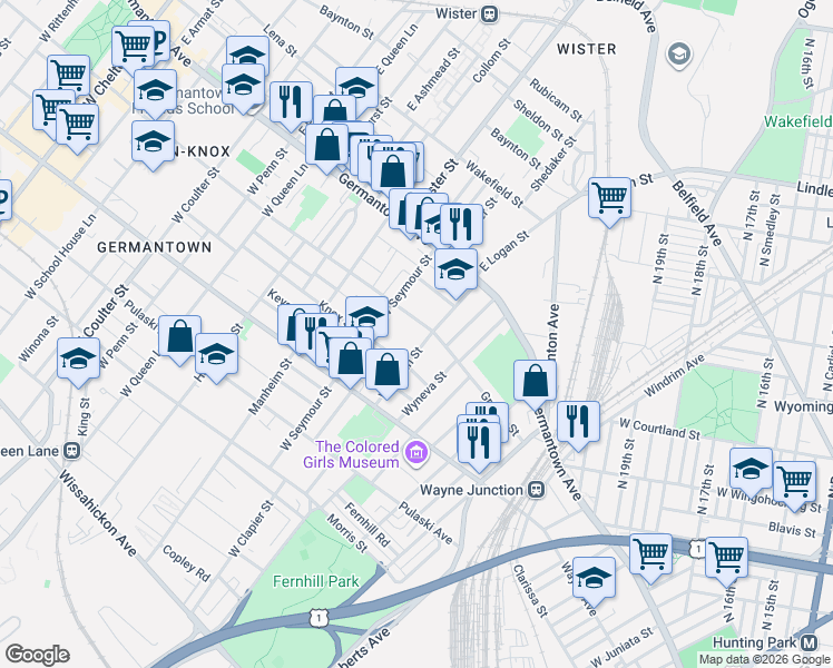 map of restaurants, bars, coffee shops, grocery stores, and more near 4903 Knox Street in Philadelphia