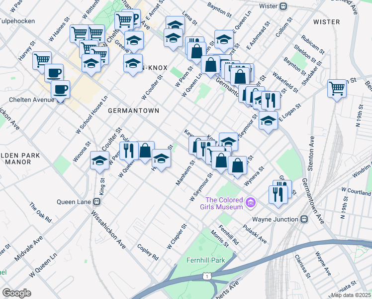 map of restaurants, bars, coffee shops, grocery stores, and more near 5102 Wayne Avenue in Philadelphia