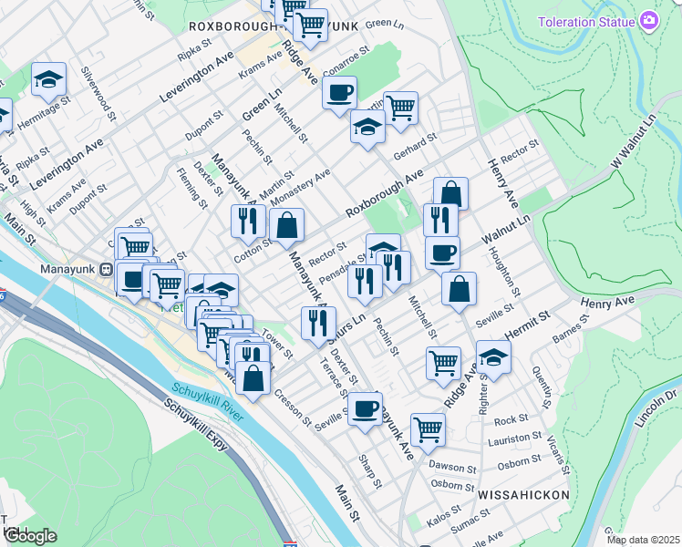 map of restaurants, bars, coffee shops, grocery stores, and more near 4124 Lauriston Street in Philadelphia
