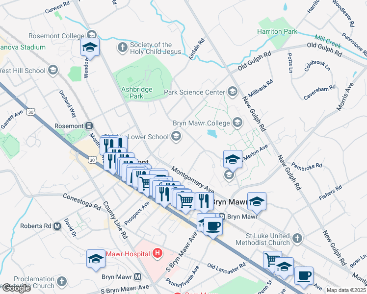 map of restaurants, bars, coffee shops, grocery stores, and more near 122 Kennedy Lane in Bryn Mawr