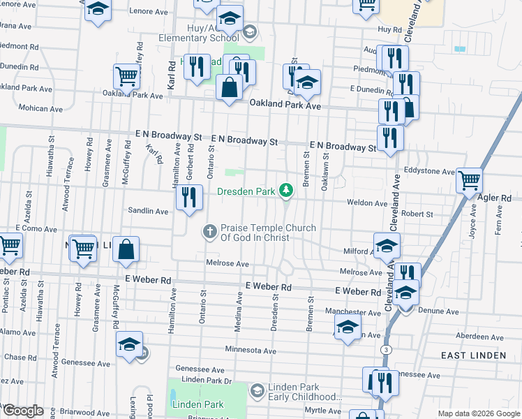 map of restaurants, bars, coffee shops, grocery stores, and more near 2909 Norwood Street in Columbus