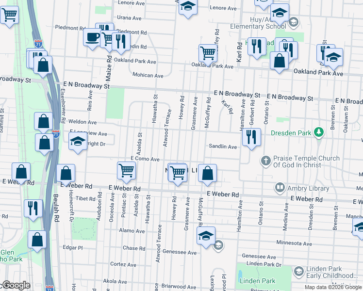 map of restaurants, bars, coffee shops, grocery stores, and more near 2960 Howey Road in Columbus