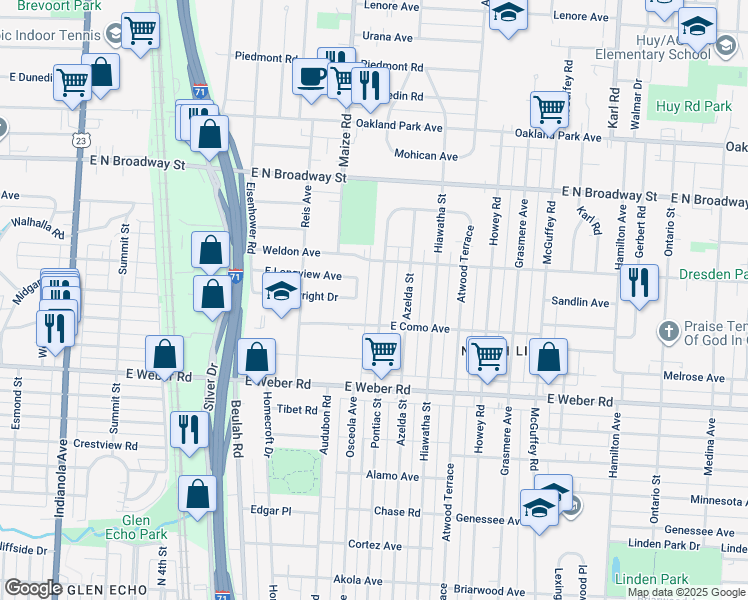 map of restaurants, bars, coffee shops, grocery stores, and more near 890 East Como Avenue in Columbus