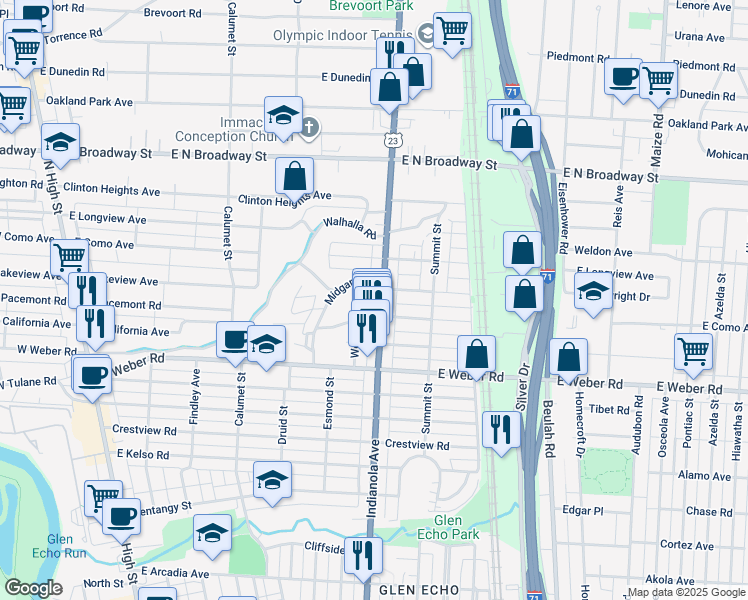 map of restaurants, bars, coffee shops, grocery stores, and more near 3062 Woodbine Place in Columbus
