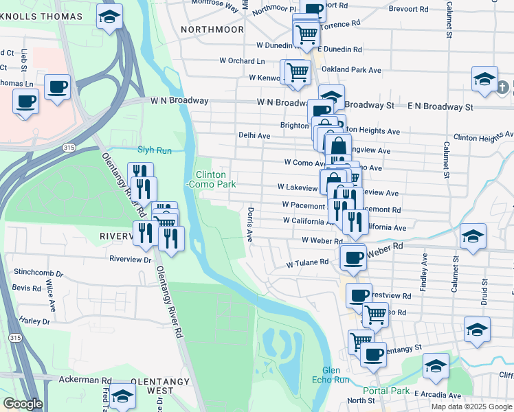 map of restaurants, bars, coffee shops, grocery stores, and more near 3159 Dorris Avenue in Columbus