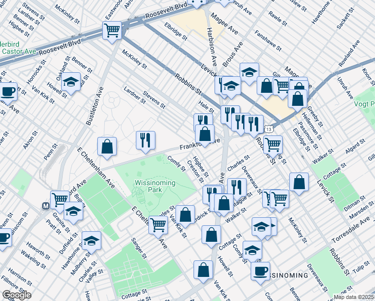 map of restaurants, bars, coffee shops, grocery stores, and more near 6065 Frankford Avenue in Philadelphia